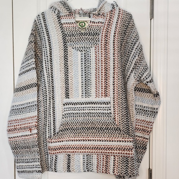 Baja Joe Drug Rug Hoodie Pullover Poncho Striped Knit Sweater Large - Picture 1 of 5